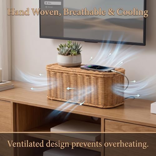 Large Cable Management Box with Lid, Wicker Basket Hides Power Strips, TV Boxes & Routers - Image 5