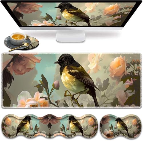 Large Gaming Mouse Pad, Keyboard Wrist Rest Pad + Mouse Wrist Pad + Coaster 4 in 1 Set, Extended Waterproof Non-Slip Desk Mat, Suitable for Office Home Learning Games, Cute Bird by HTTYYTRYT
