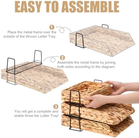 Geelin 3 Pack Water Hyacinth Woven Stackable Letter Paper Tray, Primary - Image 3