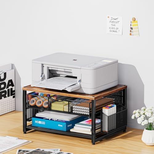 Marbrasse Wood Printer Stand for Desk, 2-Tier Desktop Printer Table for Home Office, Printer Stand with Storage Drawer 2 Pen Holders, Multi-Purpose Desk Organizer for Fax Machine Scanner(Wood Brown) - Image 2