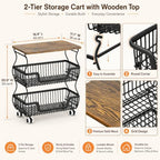 Fruit and Vegetable Storage, 3 Tier Fruit Basket with Wooden Top Table Kitchen Pantry Storage Bins and Organizers, Stackable Metal Rolling Cart for Vegetable Snacks Drinks Onion Potato Organization - Image 2