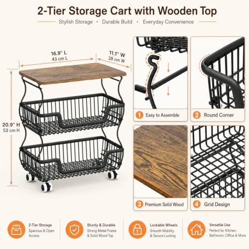 Fruit and Vegetable Storage, 3 Tier Fruit Basket with Wooden Top Table Kitchen Pantry Storage Bins and Organizers, Stackable Metal Rolling Cart for Vegetable Snacks Drinks Onion Potato Organization - Image 2