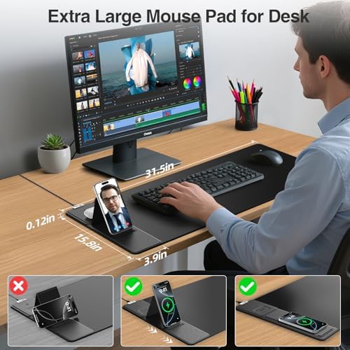 Wireless Charging Mouse Pad with Foldable Phone Holder, 31.5"x15.8", Black - Image 3