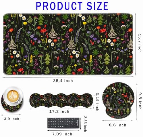 Mouse Pad,Large Pink Desk Mat, 4in1 XXL Mousepad + Keyboard Wrist Rest+Mouse Wrist Rest+Coaster Set with Ergonomic Desk Pad for Home Office Table Computer-Cute Flowers - Image 2