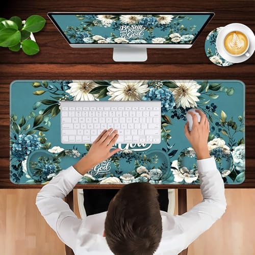 Keyboard Wrist Rest and Mouse Pad with Wrist Support Set Ergonomic Coaster,Memory Foam,Easy Typing Pain Relief,Large XL Desk Mat 31.5"x 11.8",Be Still Floral Bible Verse - Image 4
