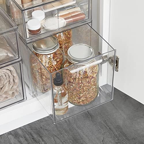 mDesign Plastic Stackable Bathroom Storage with Pull Out Bin Organizer Drawer for Cabinet, Vanity, Shelf, Cupboard, Cabinet, or Closet Organization - Lumiere Collection - 4 Pack - Clear - Image 5