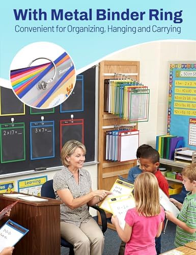 SUNEE 100 Packs Oversized Reusable Dry Erase Pocket Sleeves with 5 Rings, 10 Assorted Colors 10x14 Ticket Holders, Clear Plastic Sheet Protectors, Teacher School Classroom Supplies - Image 6