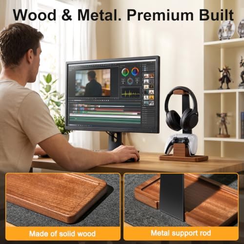 Solid Wood Metal Headphone Stand with Modular Controller Holder for Desk - Image 3