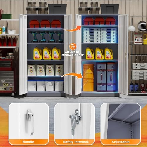 INTERGREAT Metal Storage Cabinet Doors, 72" Locking Steel Storage Cabinet with Shelves, Tall Lockable Steel Cabinets for Home Office, Garage(New Grey) - Image 5