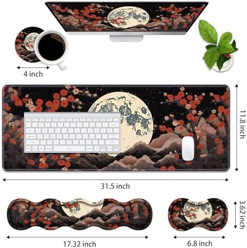 4 in 1 Ergonomic Memory Foam Mouse Pad Wrist Rest Set, Large XXL Gaming Desk Pad + Keyboard Wrist Rest + Mouse Wrist Cushion + Coaster for Home Office Study Gaming, Moon Peak Flowers - Image 2