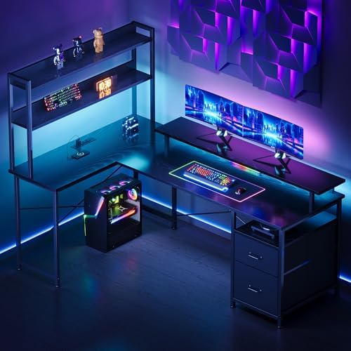 L Shaped Gaming Desk, Reversible with LED Lights, Shelves, Charging, Black - Image 4