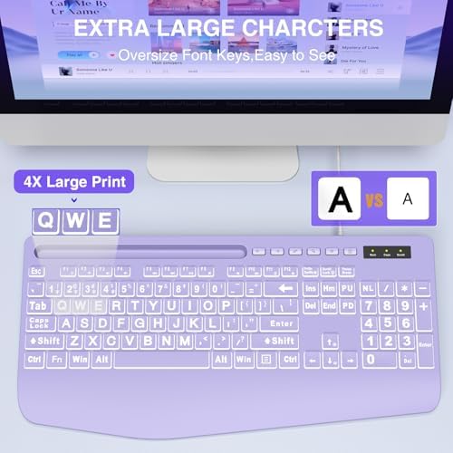 SABLUTE Wired Large Print Backlit Computer Keyboard with Wrist Rest(Purple) - Image 2