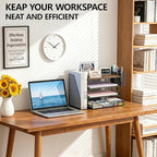 OPNICE Desk Organizers and Accessories, 4-Tier Desktop File Organizer with Drawer and Pen Holders, Office Desk Accessories Workspace Organizers for Office Supplies (Brown) - Image 5