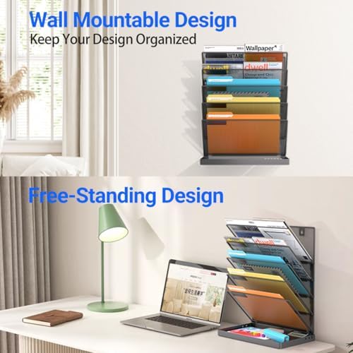 TOPCJ Legal/Letter Size 6 Tier Wall File Organizer,2-in-1 Wall Mounted&Desktop File Holder,2 Installation Methods Screws & Adhesive,Mesh Document Organizer with Label Plate for Home Office - Image 2