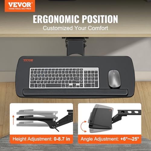 VEVOR Under-Desk Keyboard Tray, Adjustable for Height and Tilt, Slide-Out Design, Spacious 25x9.8 Inch Surface, Ideal for Home and Office Use - Image 2