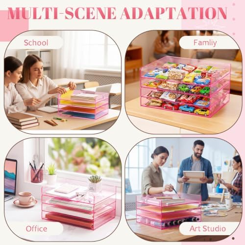 Harloon 4 Tier Clear Hot Pink Acrylic Paper Organizer Letter Tray, Aesthetic Stackable Low Profile Desk File Organizer Modern Heavy Duty Paper Holder Tray for A4, Office Home File Pad Books Notes - Image 6