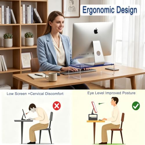 Acrylic Monitor Stand Riser L14" x H5" | Multi-Purpose Desk Organizer for Monitor & Laptop, Compatible with PC, Apple Studio Display and Printer, Ideal for Home Workspaces & Office Desk (Blue) - Image 5