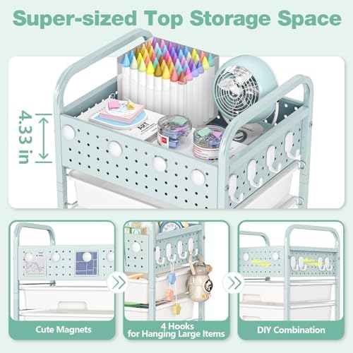 SYKIARIOL Drawer Rolling Storage Cart with Pegboard Top and Hooks, Green, 4-Drawers - Image 4