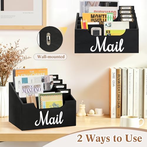 Rustic Wood Mail Organizer Countertop with 4 Slots, Black Mail Holder for Desk, Removable Dividers Mail Sorter, Letter Bill File Organizer for Home Office Classroom, Desktop Organizer with Free Labels - Image 4