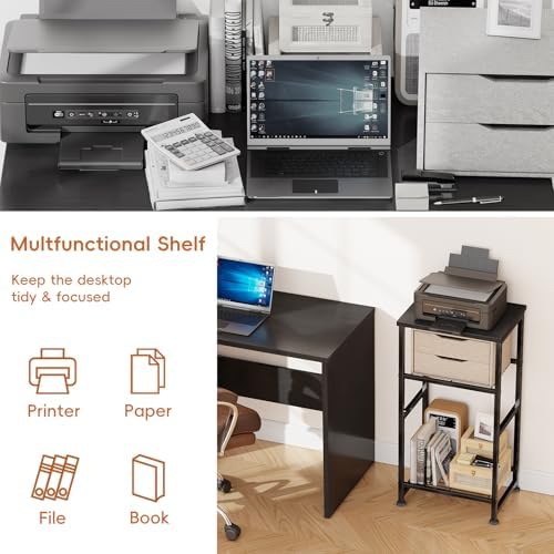 Industrial 3 Tier Printer Stand, Home Printer Wood Table with Wire Storage Shelf for Scanner Fax Machine, Heavy Duty Metal, Black with Burly Wood Board - Image 4