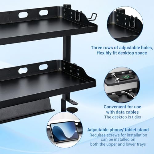 GarveeLife 1PC Adjustable 2-Tier Clamp-On Desk Shelf, Black Metal Over-the-Table Desk Organizer, Double-Layer Desk Storage Rack with Headphone Hooks for Home & Office - Image 5