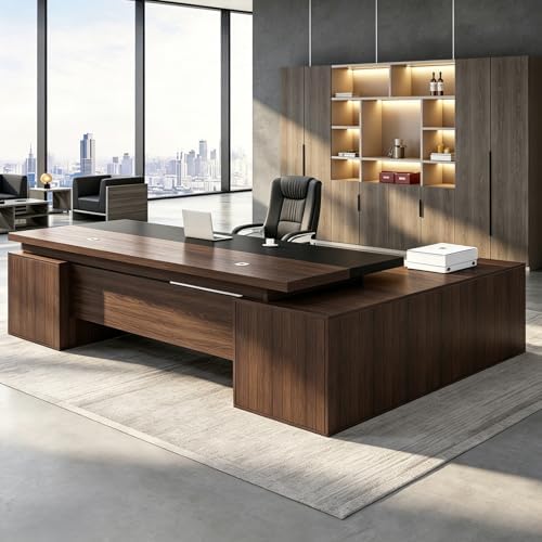 Executive Desk, L Shaped Executive Office Desk with Locking Drawer & File Cabinet, 1'' Thick Desktop, Large Office Desk with Storage, Modern Executive Computer Workstation for Home Office & Business by Unknown