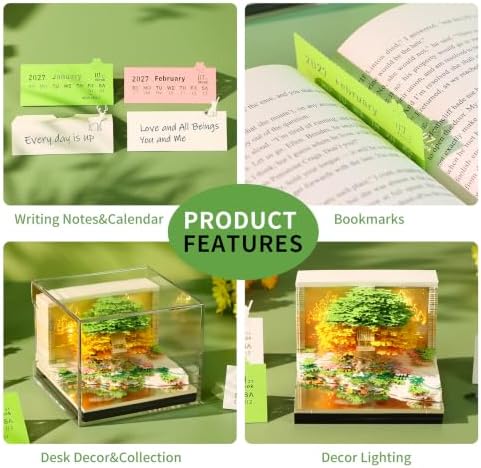 3D Desk Time Piece Calendar 2027 - Tear-Away 3D Paper Art Notepad with LED, Creative 3D Memo Pad Calendars, DIY Art Carving Gift for Office & Home (Flower Sea Tree Island - Green) - Image 2