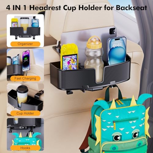 Car Headrest Cup Holder for Back Seat Organizer for Type-c/Lightning Retractable Charging Cables Multi- Hanging Snack Storage Box with Strong Hooks for Kids and Fast Charging for Travel Accessories - Image 3