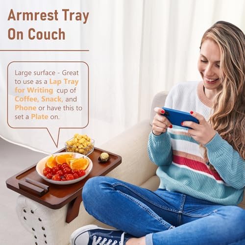 SINWANT Couch Arm Tray with 360° Rotating Phone Holder,Walnut,15.35x9.84-in - Image 2