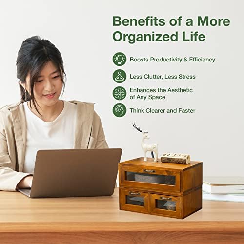 2-pc Stackable Storage Drawers - See-Through Wooden Storage Cabinets - 2-Level Desktop Organizing Cabinet with 3 Drawers - Solid Wood Storage Box with Display & Metal Handles… - Image 6