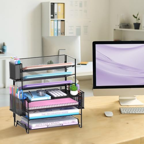 7-Tier Desk Organizer with 3 Pen Holders, Metal Letter Tray, Black - Image 6