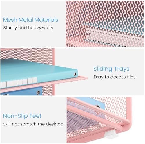 Lavatino Desk Paper File Organizer - Metal Mesh with 2 Letter Trays, 7 Flexible Dividers, 2 Vertical File Folder Holders for Office/Home/Classroom Supplies, Desk Organizers and Accessories, Pink - Image 4
