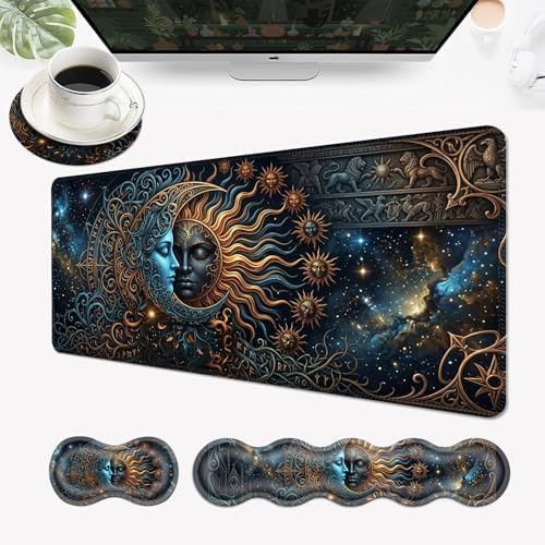 Desk Mat, Mouse Pad with Wrist Rest, 4-in-1 Large Mouse Pads for Desk, Ergonomic Mouse Pad and Keyboard Wrist Rest Gaming Keyboard Mat for Office,Sun and Moon Aesthetics by EFGWSDER