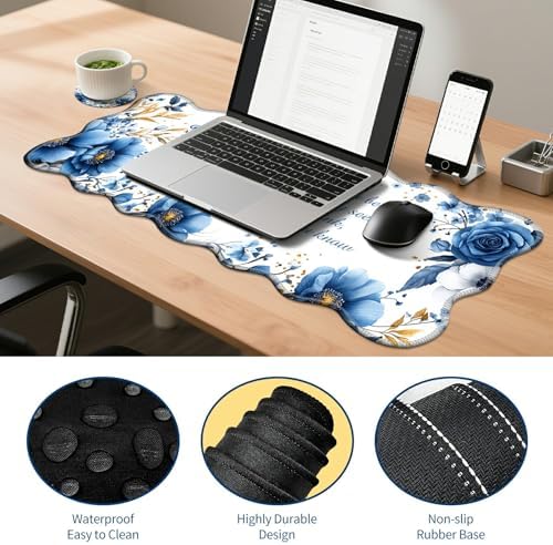 Blue Floral Desk Mat Set for Women,Flower Mouse Pad with Wrist Rest - Image 3
