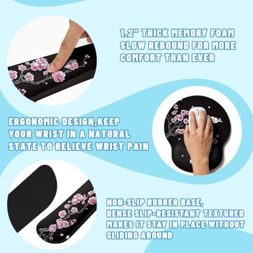 Cherry Blossom Desk Mat Set Oriental Black Zen Art Mouse Pad with Wrist Rest 4in1 Desk Mat for Desktop Ergonomic Computer Desk Arm Wrist Anti-Slip Computer Ergonomic Mouse Pad Home Office Gaming - Image 3