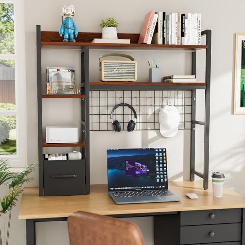 Desk Hutch for Computer Monitor,Desktop Bookshelf Organizer,4 Tier Desk Hutch with Grid Panel,38.6" Desk Shelf Storage Rack for Home Office,Study,Dorm,Walnut - Image 2
