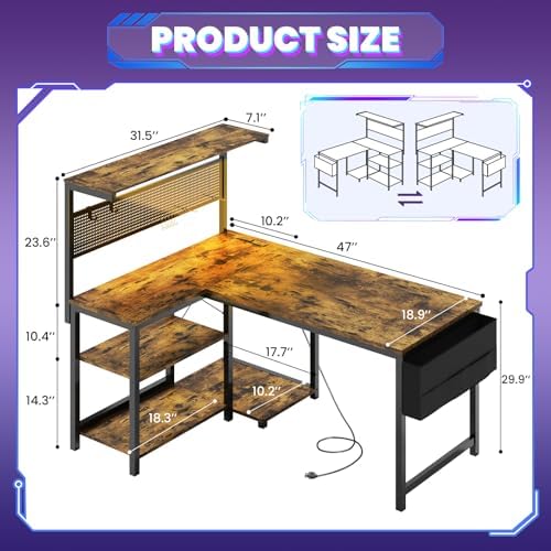 47in L Shaped Gaming Desk with Pegboard & Shelf & Storage Bag, Rustic Brown - Image 3