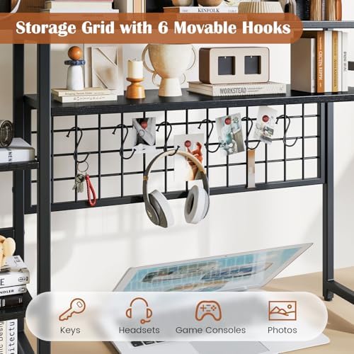 GIANTEX Desktop Bookshelf, 37" Desk Shelf for Up to 32" Computer Monitors, 4 Tier Desktop Display Shelves with Grid Panel, 6 Movable Hooks, Anti-tip Device, Desk Hutch for Home Office Dorm (Black) - Image 5