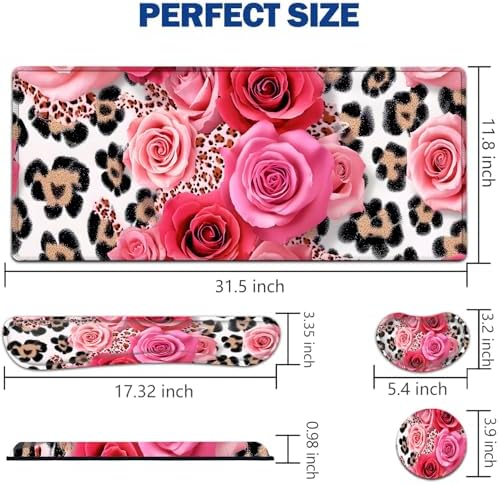 Large Mouse Pad + Keyboard Wrist Rest Set, Extended Gaming Mousepad (31.5X11.8 inch) with Non-Slip Rubber, Ergonomics Memory Foam Mouse Wrist Rest Support, Leopard Rose Painting XXL Desk Pad - Image 2
