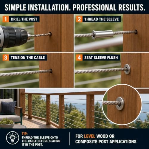 HYPERGIANT 60 Pack Cable Rail Protective Sleeves for 5/32 or 3/16 Inch Wire Rope, T316 Stainless Steel Wood/Composite Post Hole Sleeves, Deck Railing Hardware with 1 Drill Bit, Silver - Image 3