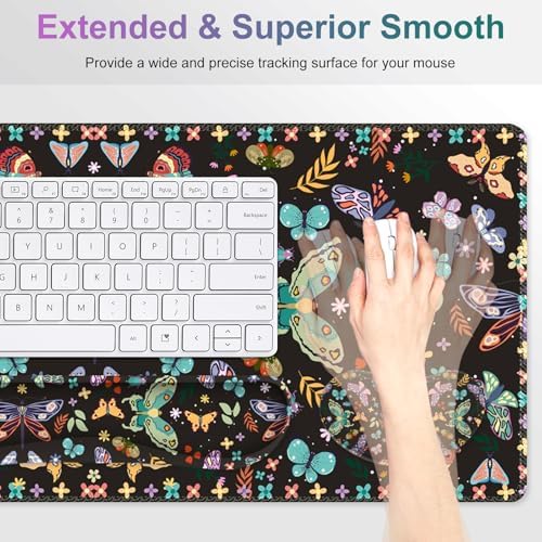 Desk Mat Pad, Gaming Mouse Pad Wrist Support Set, 4 in1 Non-Slip XXL Large Mousepad + Ergonomic Keyboard Wrist Rest+Mouse Wrist Rest+Coaster for Home Office Computer I Colorful Butterfly - Image 4