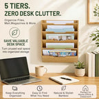 Yeaqee Hanging Wall File Organizer 15" x 12.6" x 3.9" Natural Bamboo 5 Tier - Image 3