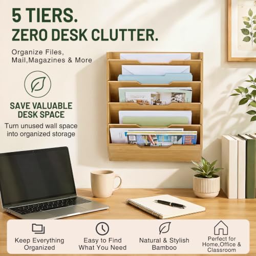 Yeaqee Hanging Wall File Organizer 15" x 12.6" x 3.9" Natural Bamboo 5 Tier - Image 3