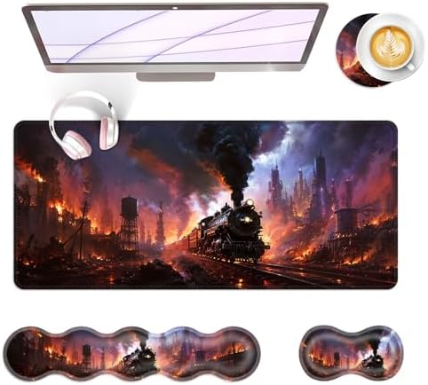 Large Keyboard Mouse Pad Set, Extended Mouse Pad+Keyboard Wrist Rest Support, Memory Foam Ergonomic Easy Typing, 4Pcs (31.5×11.8 in) Desk Pad Set for Office Home,Retro Train by Unknown