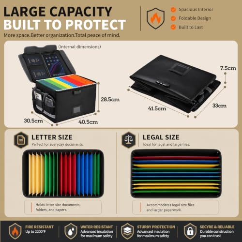 File Box with Lock,Multi-Layer Fireproof Document Box Collapsible File Storage Organizer with Pockets/Handle,Large Portable Home Office Filing Safe for Hanging Letter/Legal Size Folders,Black - Image 6