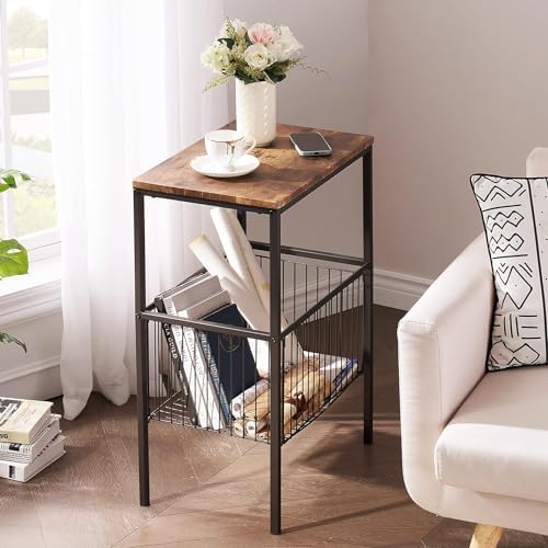 VECELO 31" H Tall Side End Table,2-Tier Shelf Storage Organizer with Versatile Metal Basket for Living Room/Kitchen/Laundry/Bathroom,Rustic Brown,1 Set by VECELO