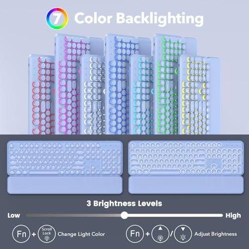 Wireless Keyboard and Mouse Combo, Backlit Round Keycaps, Retro Typewriter Keyboard with Detachable Wrist Rest, Rechargeable & Tilt Legs, 2.4GHz Cordless Connection for Windows/PC (Glowing Purple) - Image 2