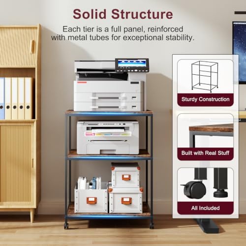 Large Printer Table with Storage, 3 Tier Printer Stand for Home Office, Rolling Printer Cart with Wheels, for Shredder Scanner Fax (Brown) - Image 2
