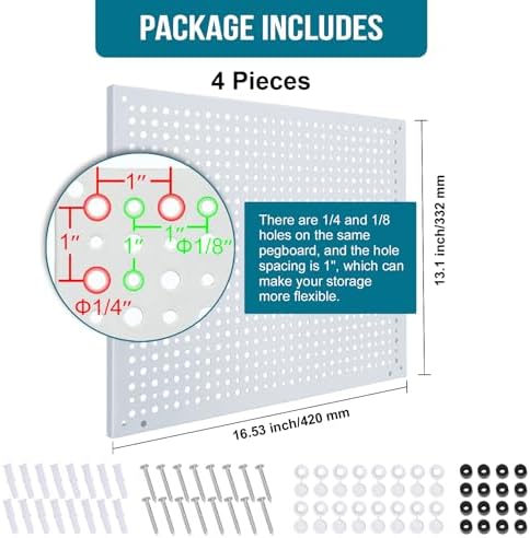 Peg Board, Heavy Duty Steel Organization Panels, Universal 1/8 and 1/4 Peg Board Accessories, Ideal for Garage Tool Storage, Pack of 4(White, 16X12) - Image 2