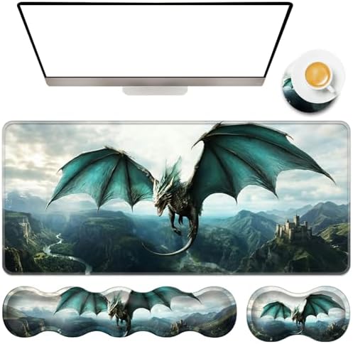TGFEWYTJYJ Extended Gaming Mouse Pad,Memory Foam Ergonomic Keyboard Mouse Wrist Rest Support Set,Large Desk Mat with Stitched Edges,Non-Slip Base Mousepad Home Office,Dragon in Flight by GFEWYTJYJ